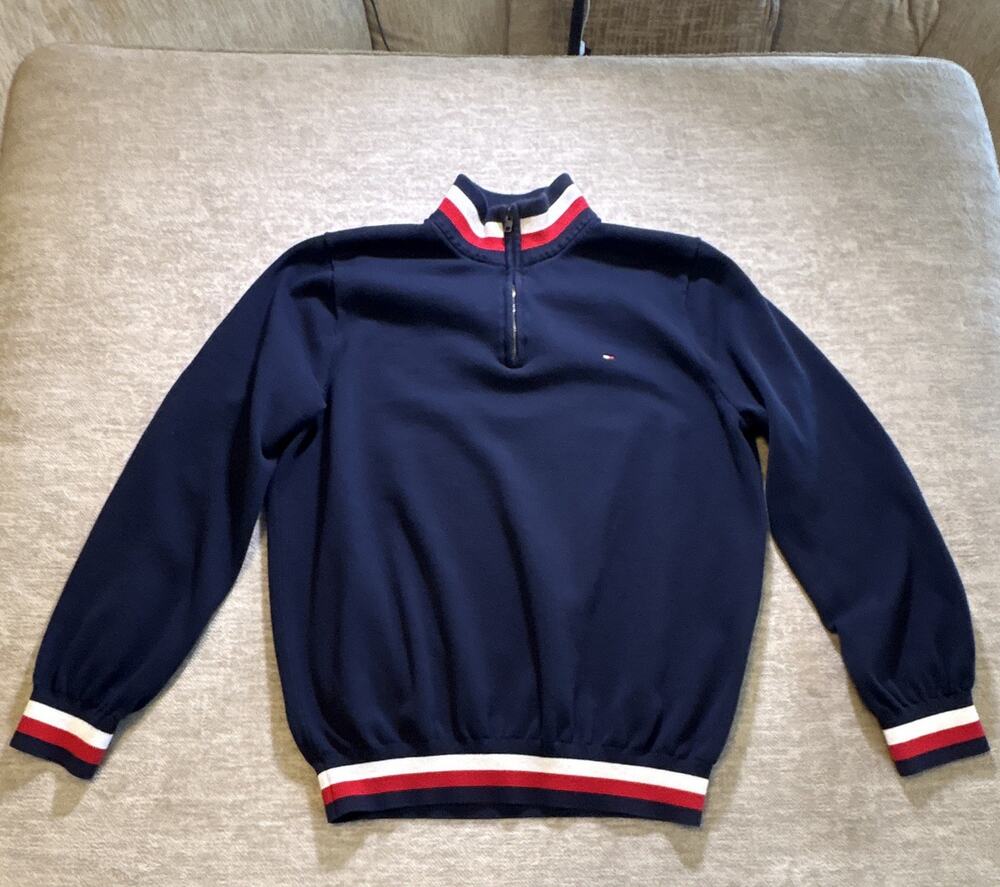 Tommy Hilfiger Men's XL Blue 1/4 Zip Mock Neck Knit Cotton Sweater Logo